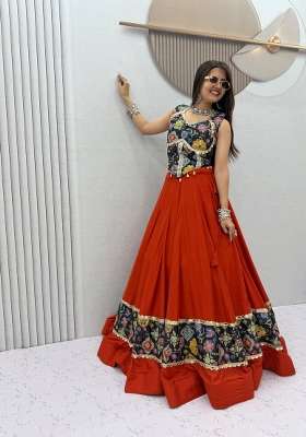 Orange Silk Lehenga Set with Printed for Diwali | Wedding & Festive Wear