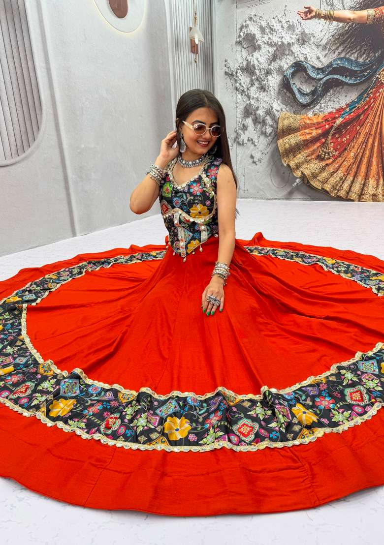 Orange Printed Silk Lehenga Set - Indya