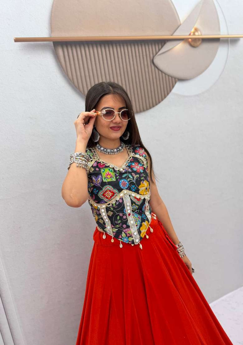 Orange Printed Silk Lehenga Set - Indya