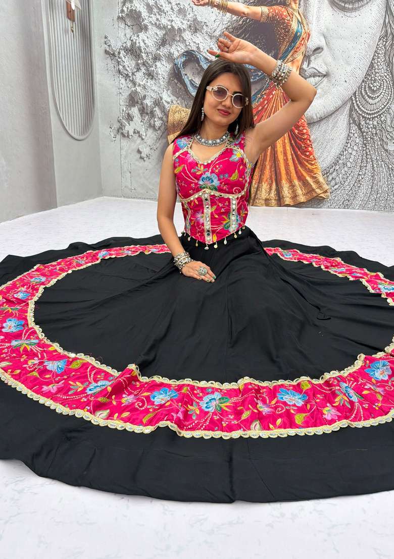 Black Printed Silk Lehenga Set - Indya
