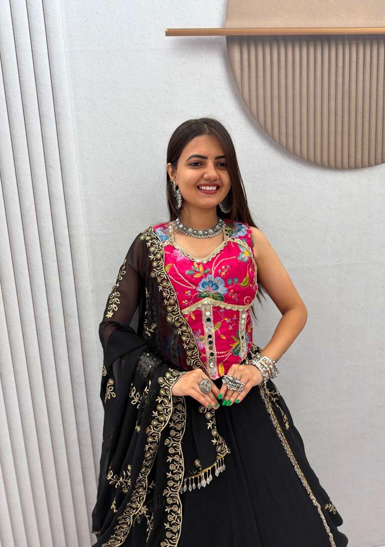 Black Printed Silk Lehenga Set - Indya