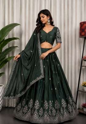Green Silk Lehenga Set with Embroidered for Diwali | Wedding & Festive Wear