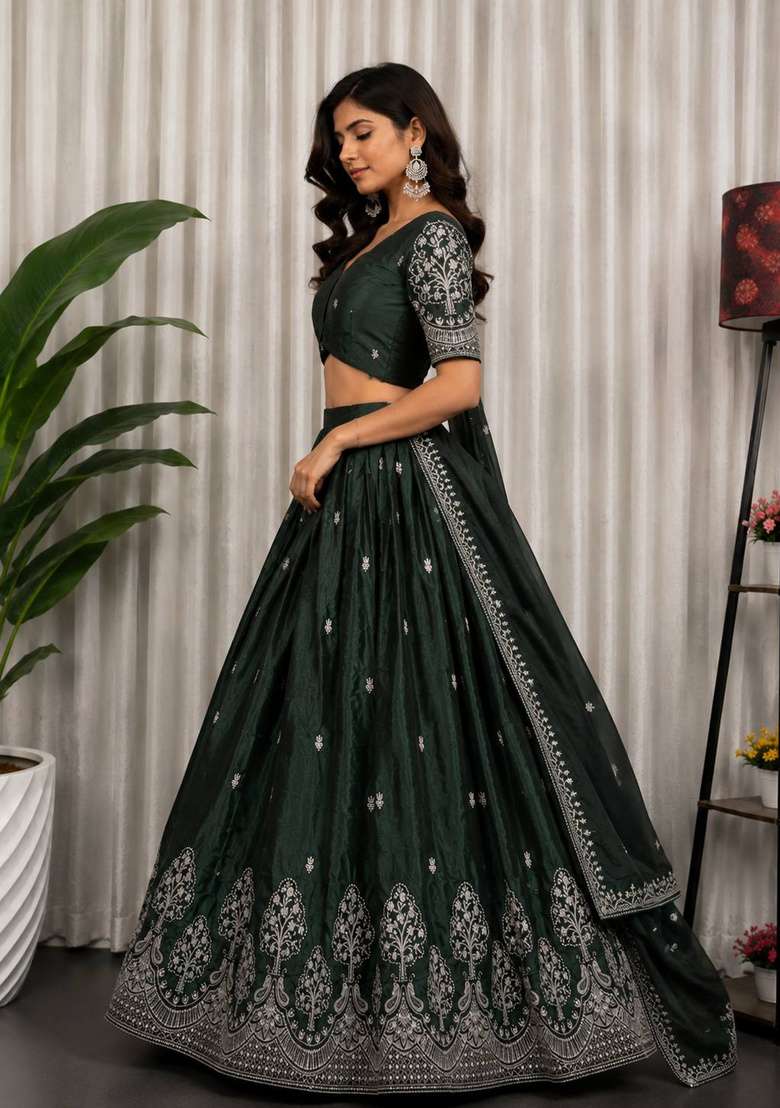 Green Embroidered Silk Lehenga Set - Indya