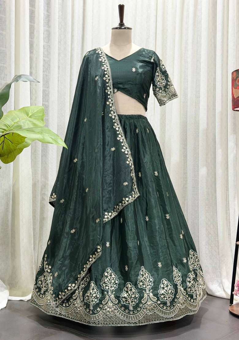 Green Embroidered Silk Lehenga Set - Indya