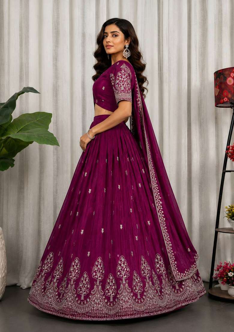 Pink Embroidered Silk Lehenga Set - Indya