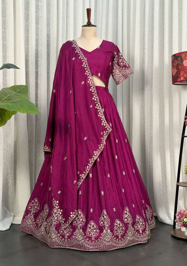 Pink Embroidered Silk Lehenga Set - Indya
