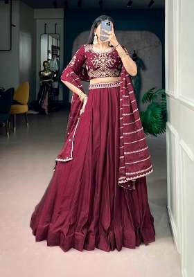 Maroon Embroidered Silk Lehenga Set for Diwali and Festive Wear