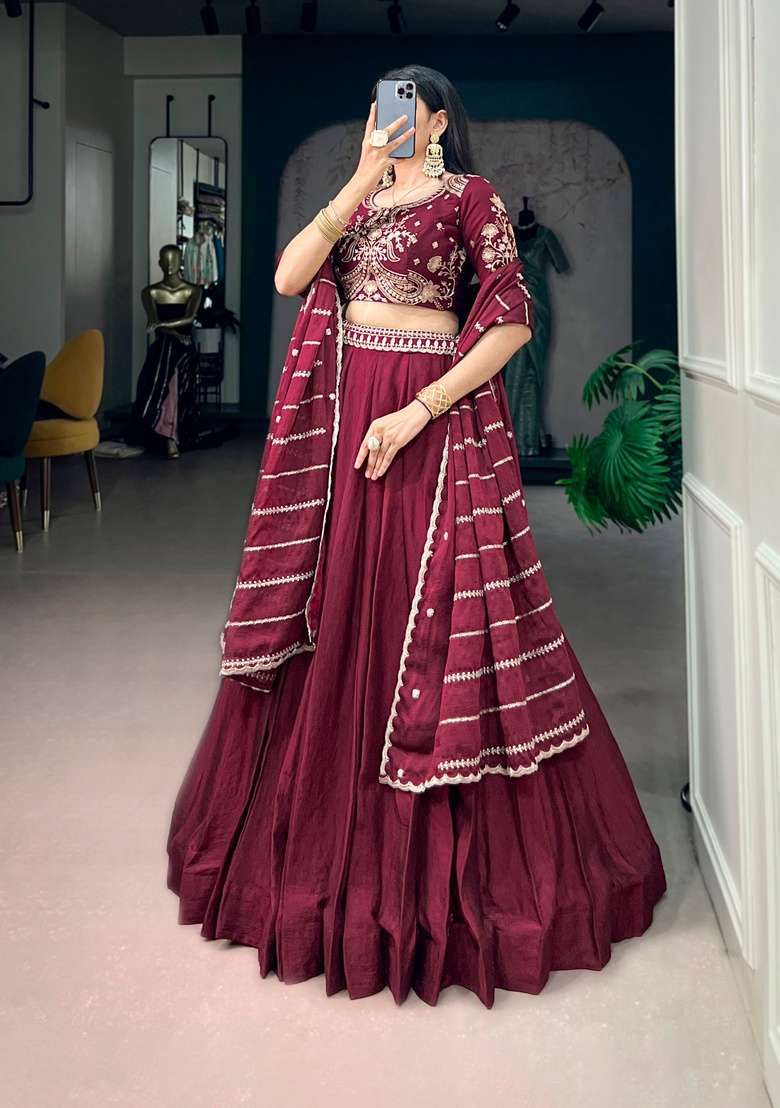 Maroon Embroidered Silk Lehenga Set - Indya