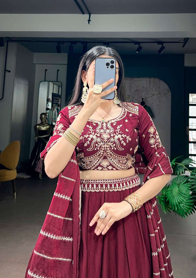 Maroon Embroidered Silk Lehenga Set - Indya