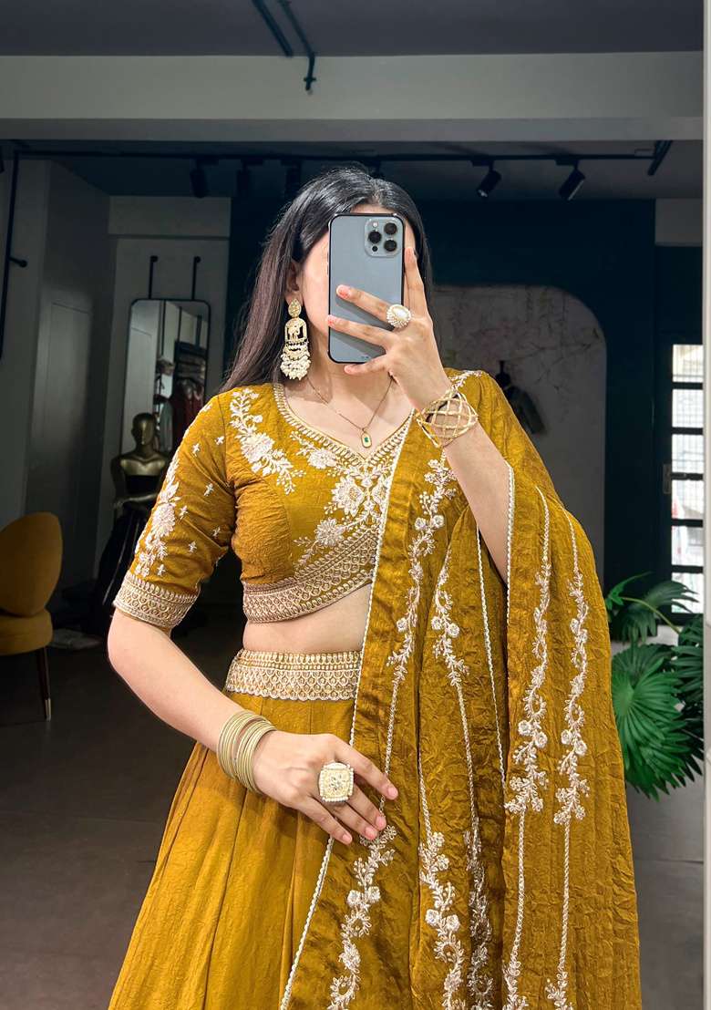 Mustard Embroidered Silk Lehenga Set - Indya
