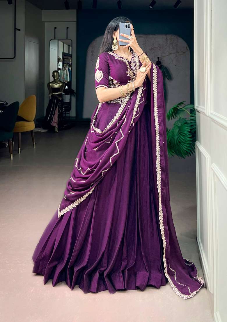 Purple Embroidered Silk Lehenga Set - Indya