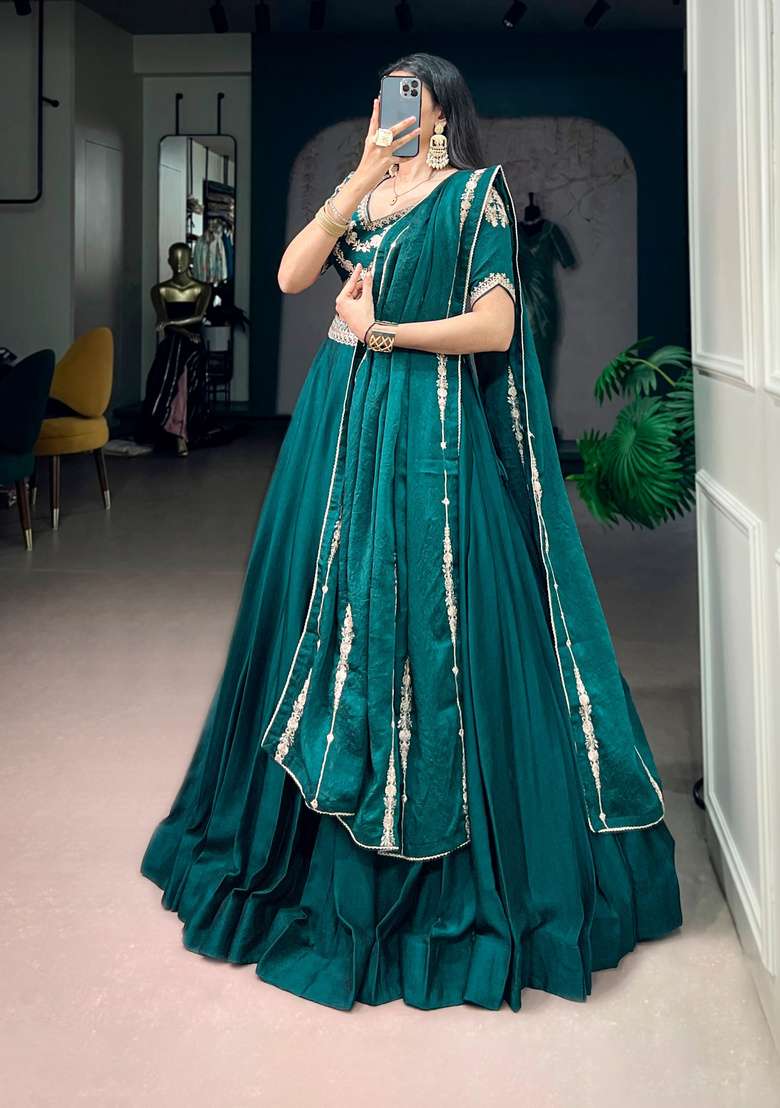Pistel Green Embroidered Silk Lehenga Set - Indya