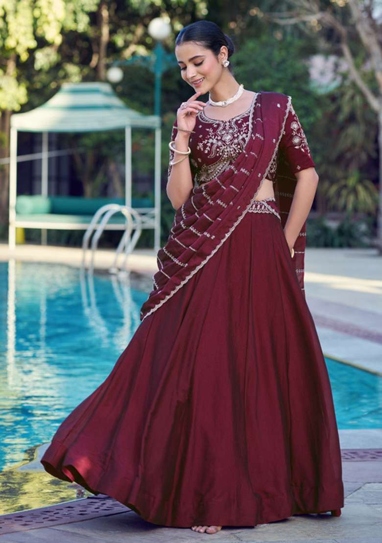 Maroon Embroidered Silk Lehenga Set - Indya