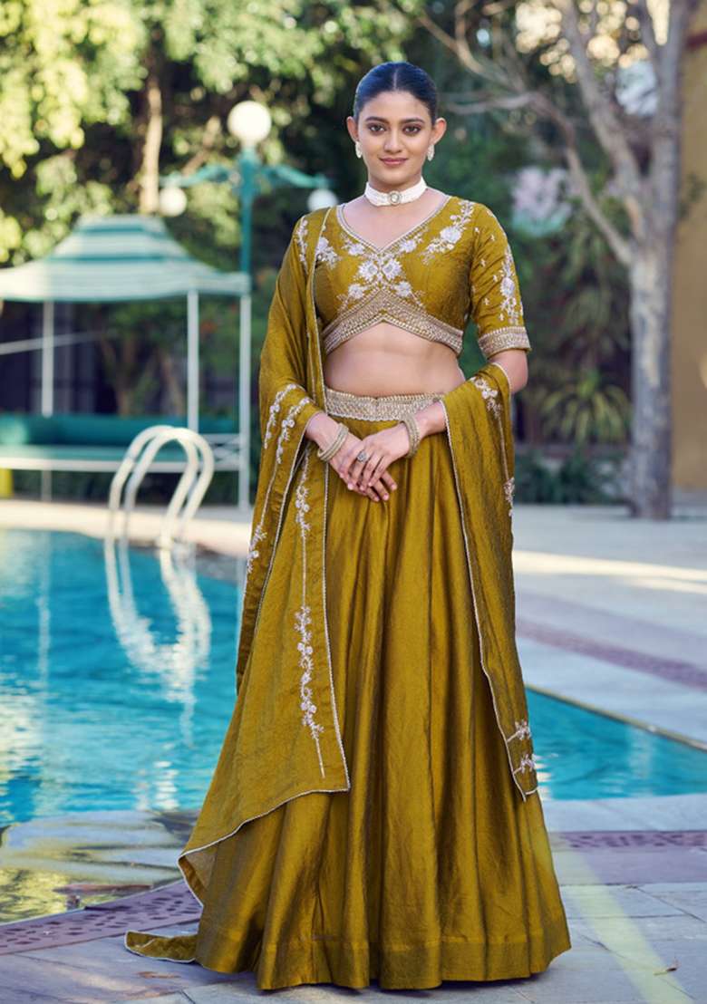 Mustard Embroidered Silk Lehenga Set - Indya