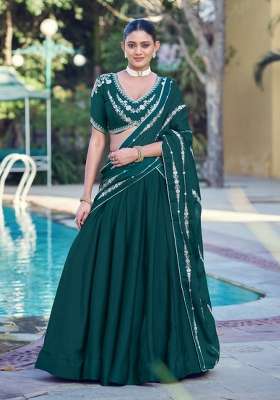 Green Silk Lehenga Set with Embroidered for Diwali | Wedding & Festive Wear