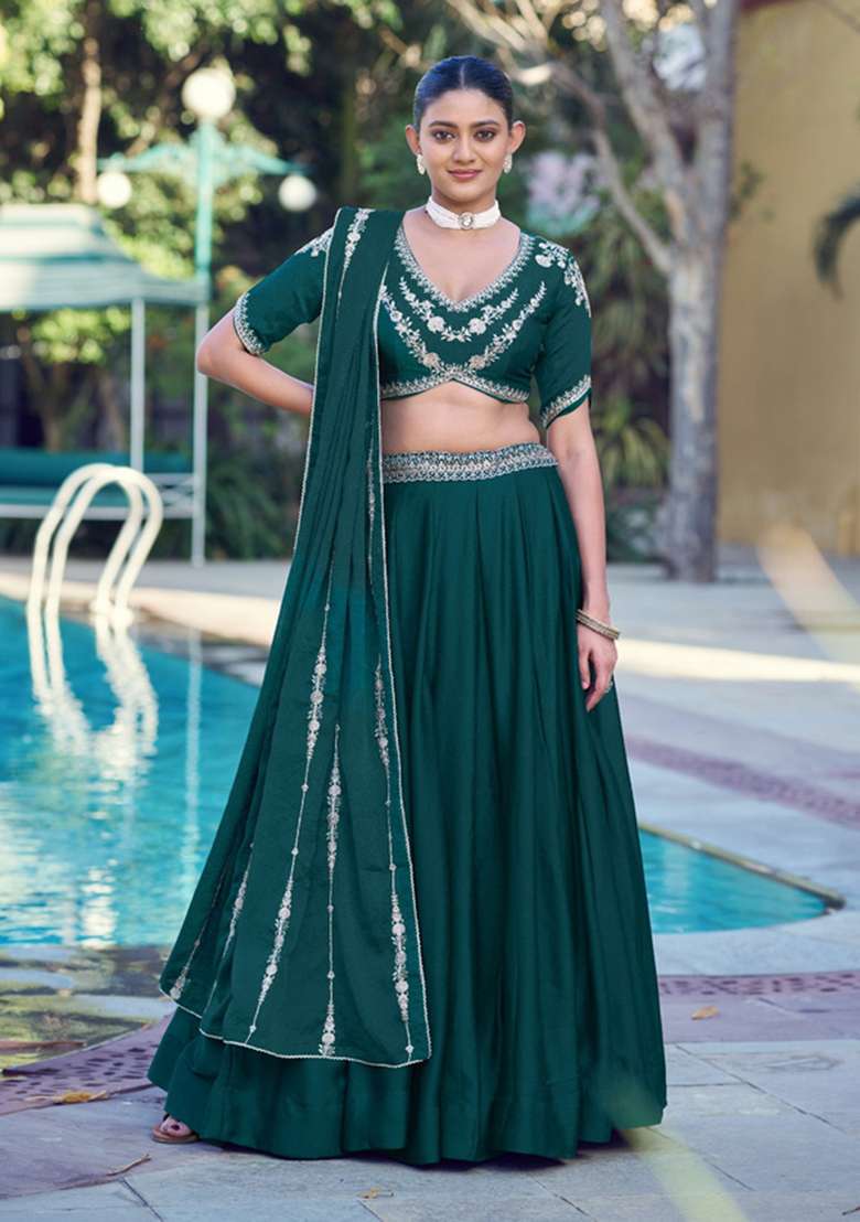 Green Embroidered Silk Lehenga Set - Indya