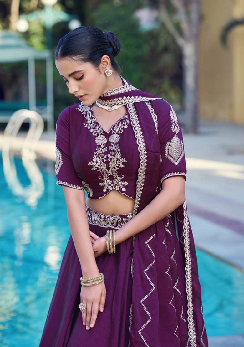 Purple Embroidered Silk Lehenga Set - Indya