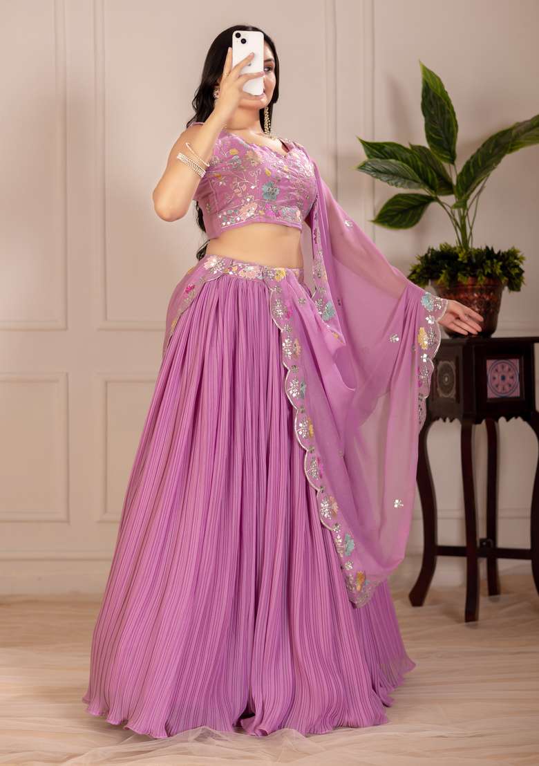 Pink Embroidered Georgette Lehenga Set - Indya