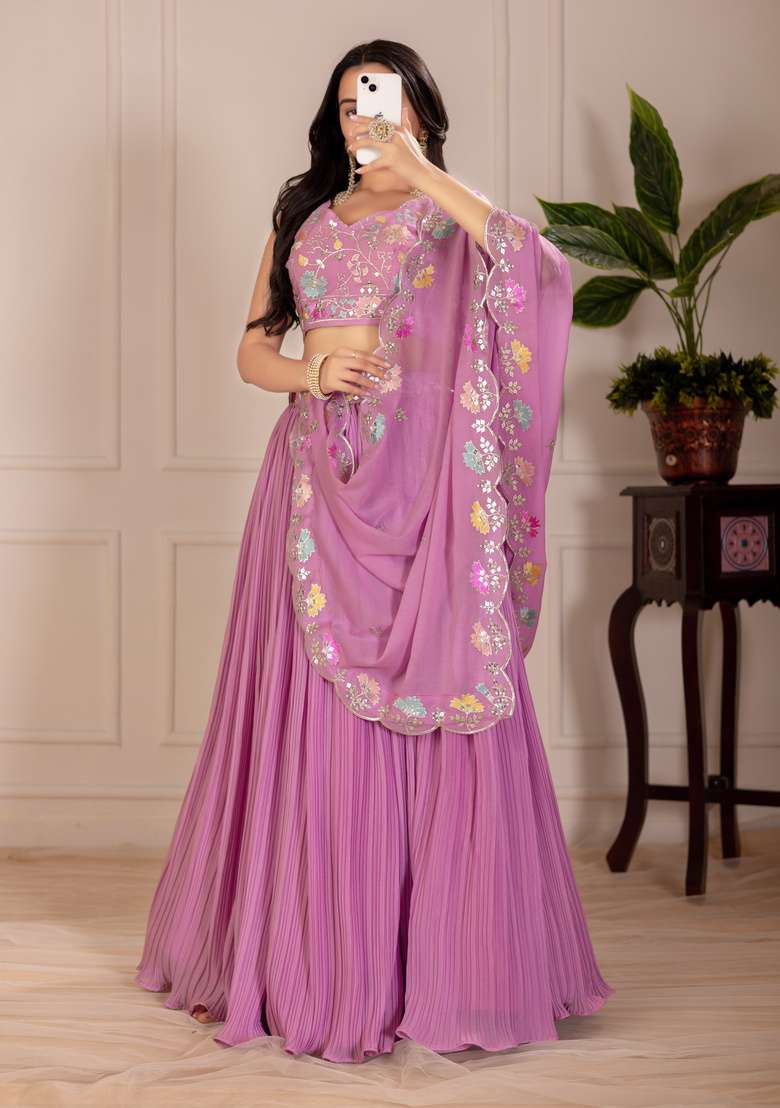 Pink Embroidered Georgette Lehenga Set - Indya