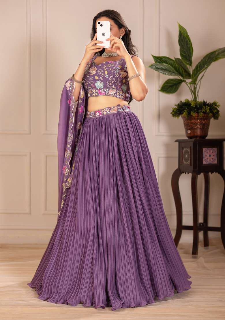 Purple Embroidered Georgette Lehenga Set - Indya