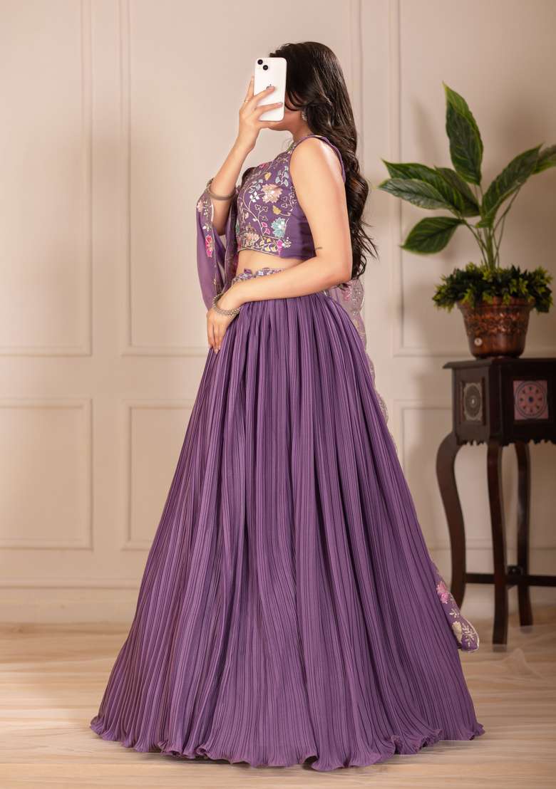 Purple Embroidered Georgette Lehenga Set - Indya