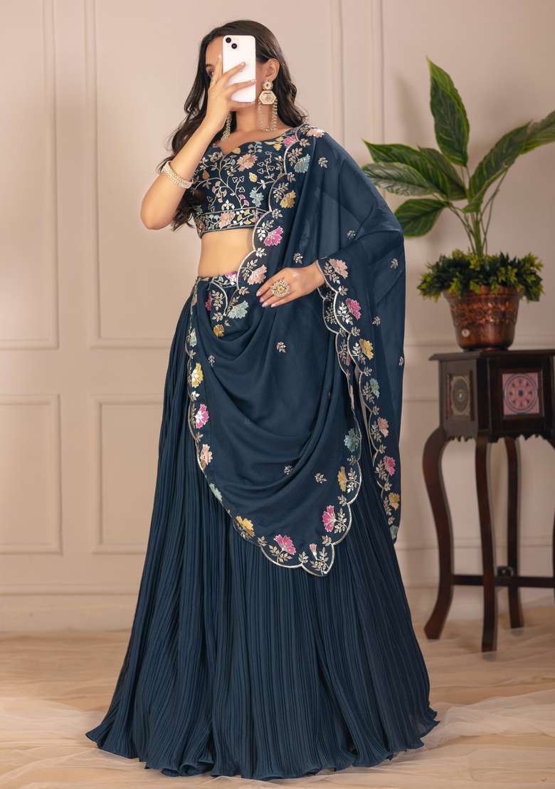 Rama Embroidered Georgette Lehenga Set - Indya