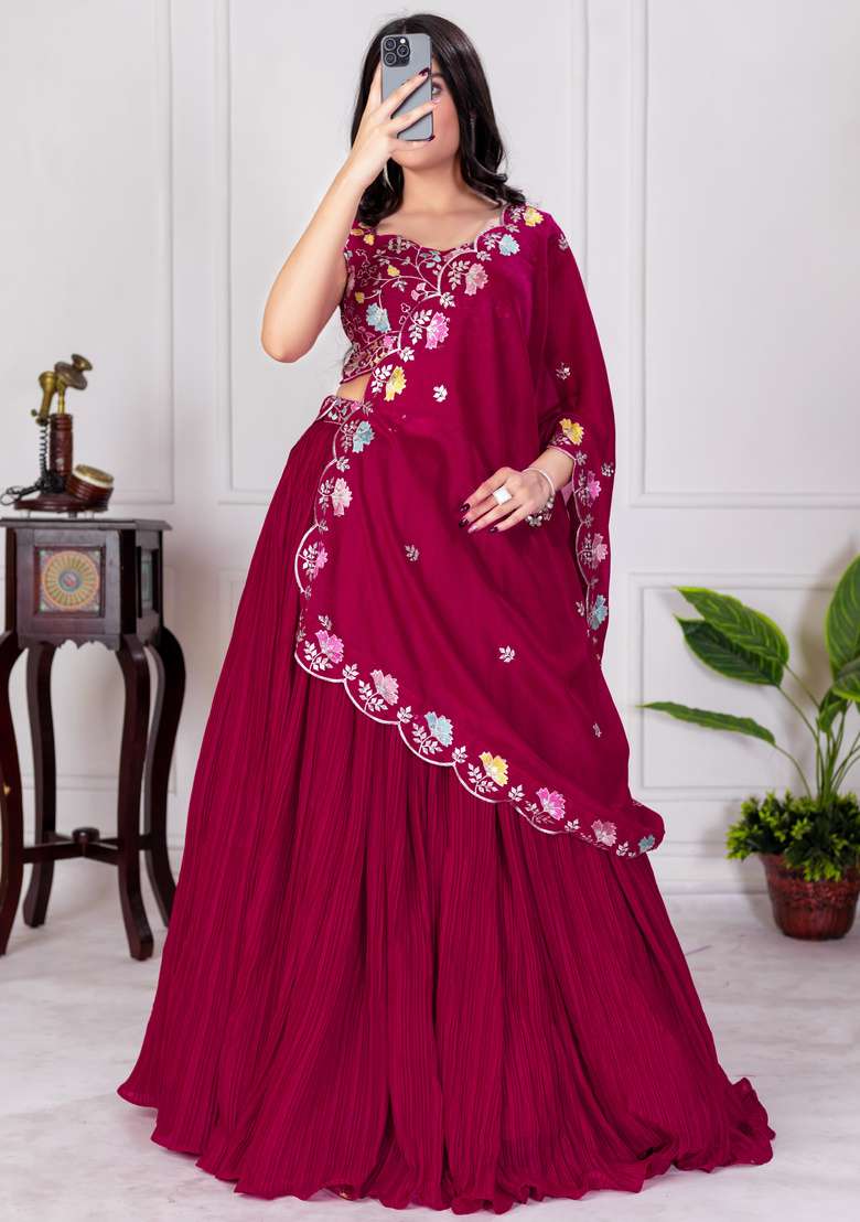 Red Georgette Lehenga Set with Embroidered for Diwali | Wedding & Festive Wear - Indya