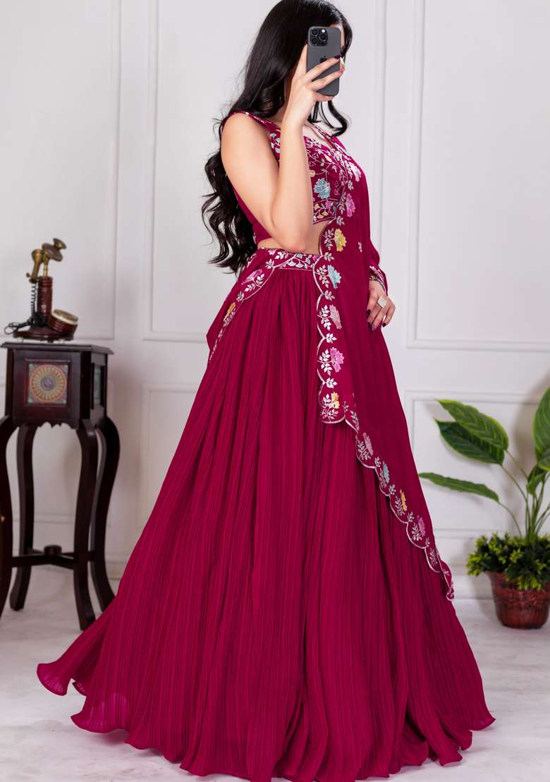 Red Embroidered Georgette Lehenga Set - Indya