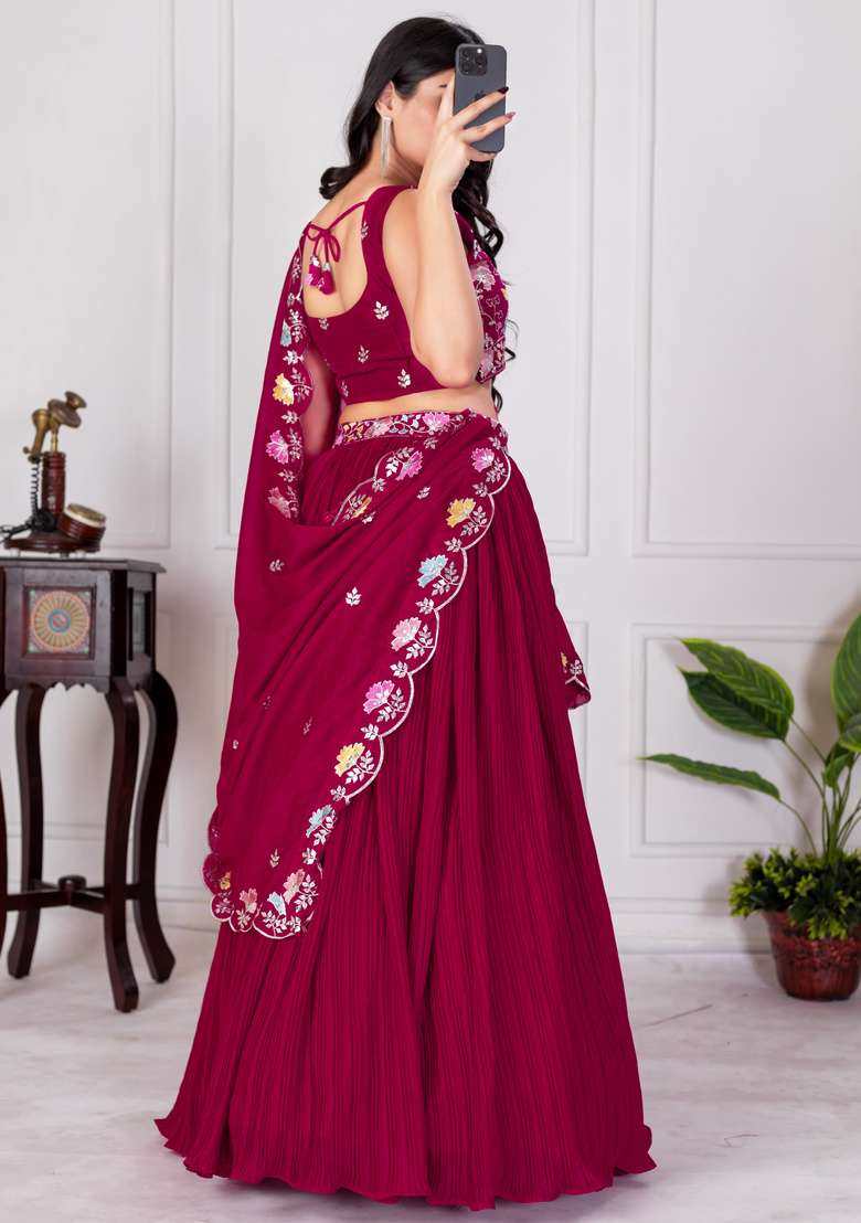 Red Embroidered Georgette Lehenga Set - Indya