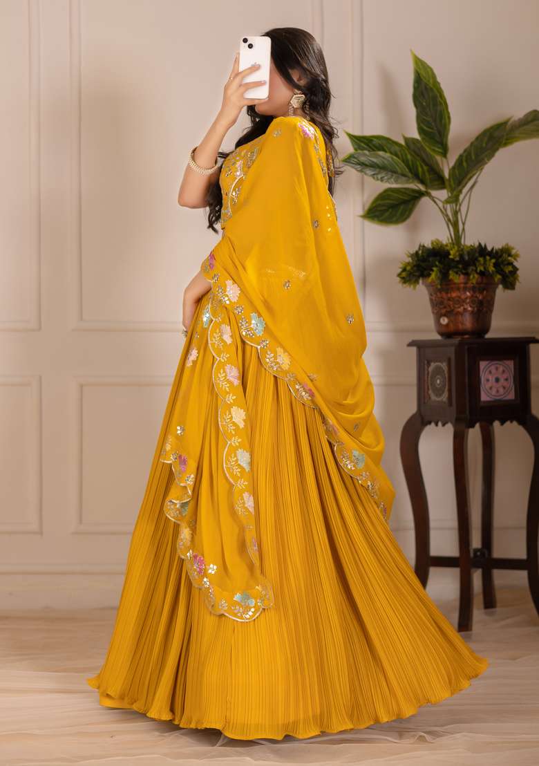 Yellow Embroidered Georgette Lehenga Set - Indya