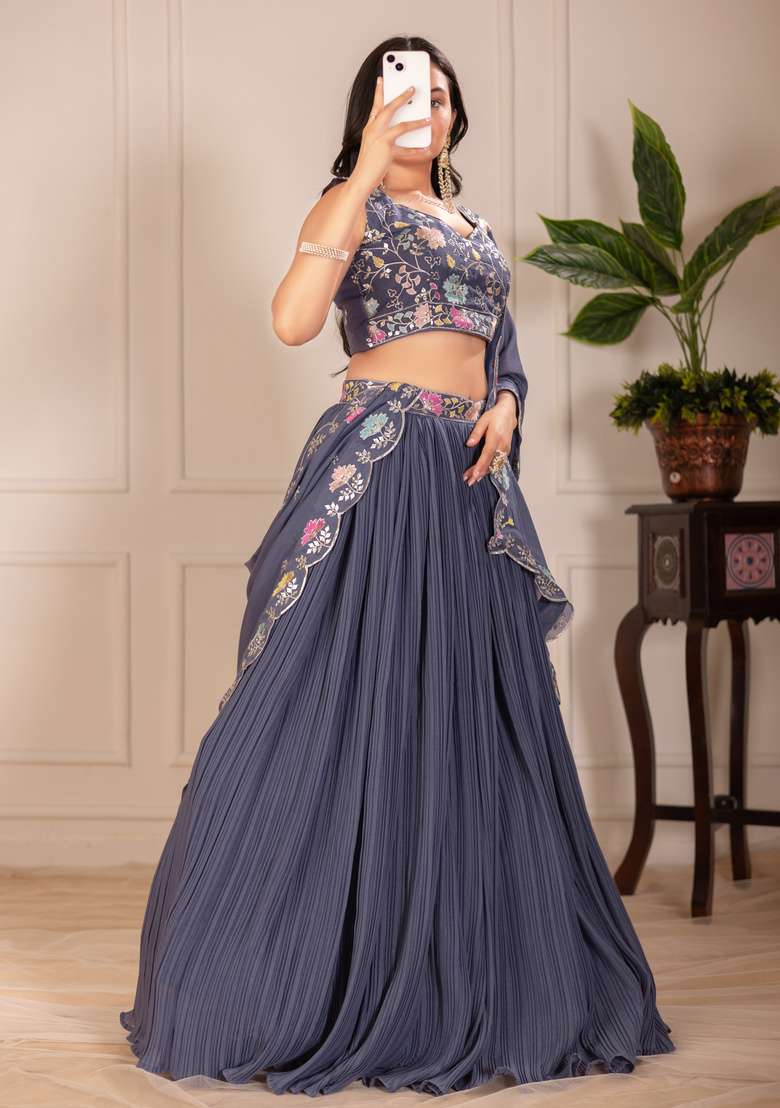 Grey Embroidered Georgette Lehenga Set - Indya