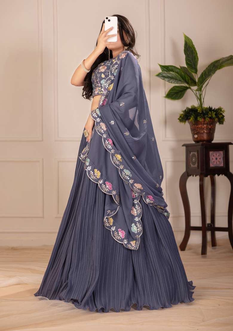 Grey Embroidered Georgette Lehenga Set - Indya