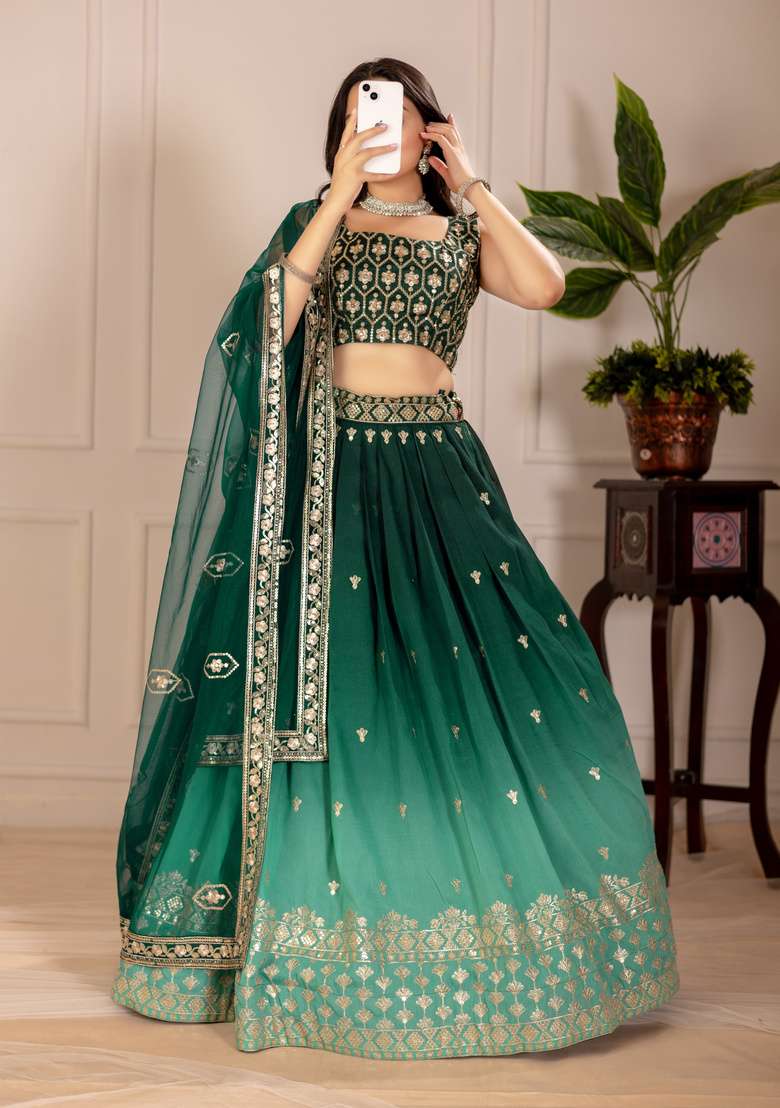 Green Silk Lehenga Set with Embroidered for Diwali | Wedding & Festive Wear - Indya