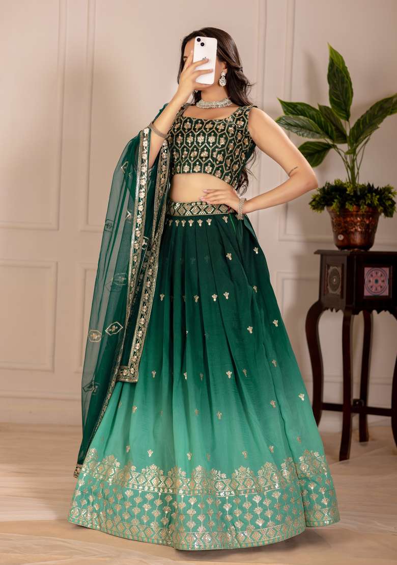Green Embroidered Silk Lehenga Set - Indya