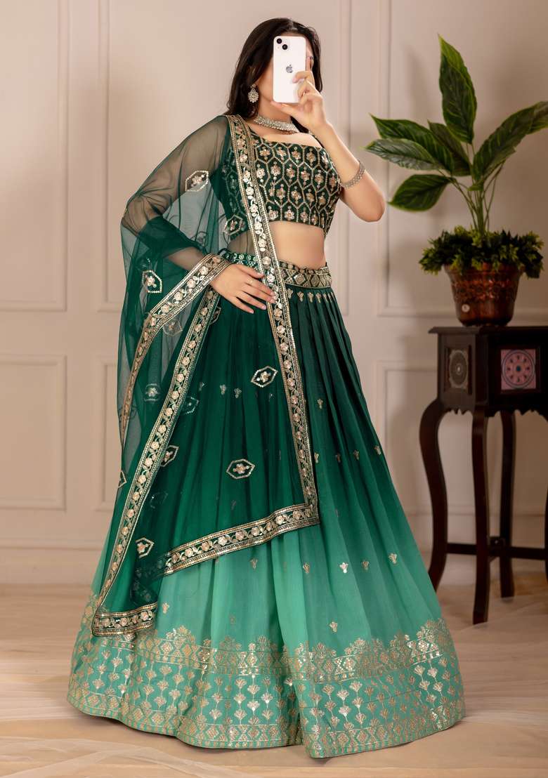 Green Silk Lehenga Set with Embroidered for Diwali | Wedding & Festive Wear - Indya