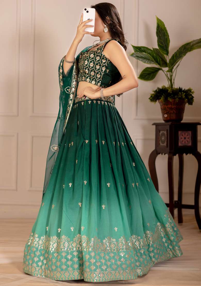 Green Embroidered Silk Lehenga Set - Indya