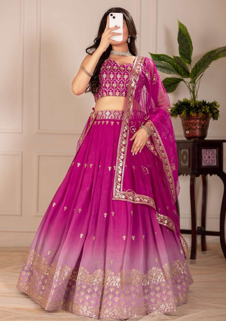 Pink Embroidered Silk Lehenga Set for Diwali and Festive Wear - Indya