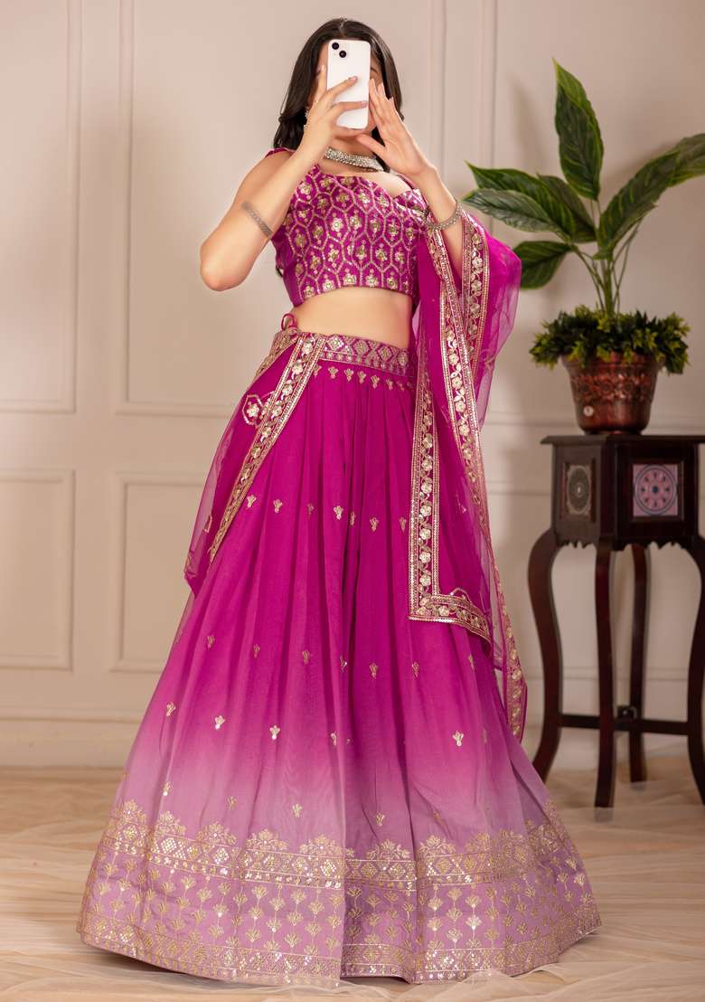 Pink Embroidered Silk Lehenga Set - Indya