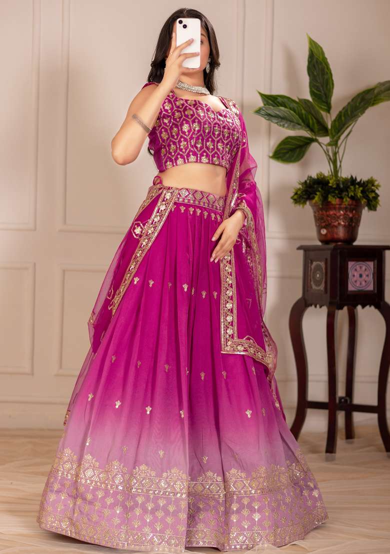 Pink Embroidered Silk Lehenga Set for Diwali and Festive Wear - Indya