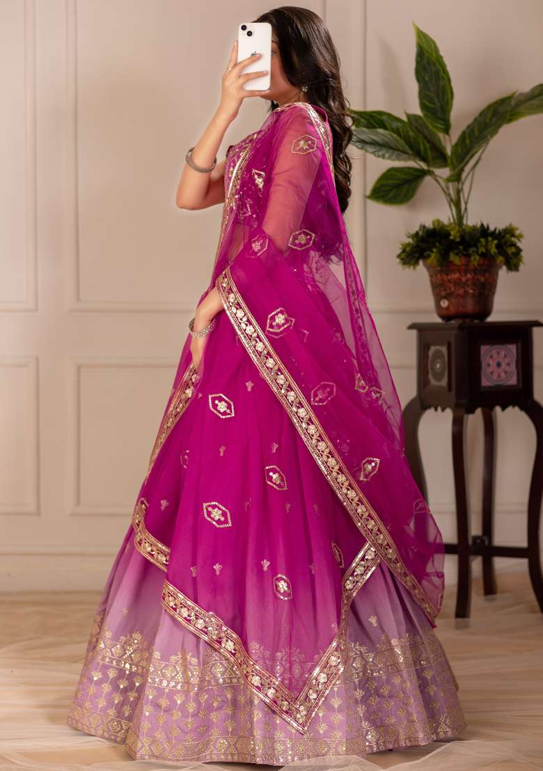 Pink Embroidered Silk Lehenga Set - Indya