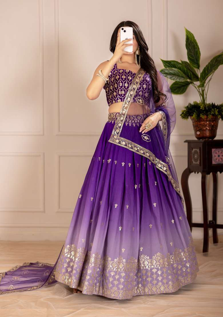 Purple Embroidered Silk Lehenga Set for Diwali and Festive Wear - Indya