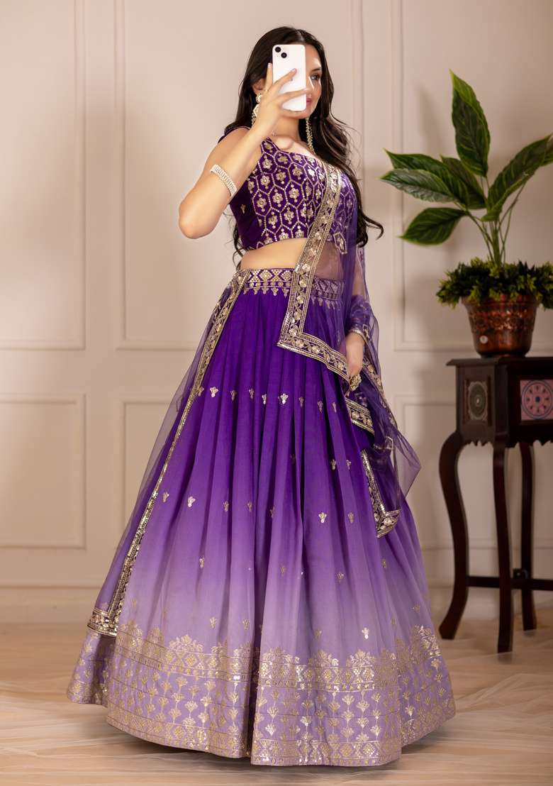 Purple Embroidered Silk Lehenga Set - Indya