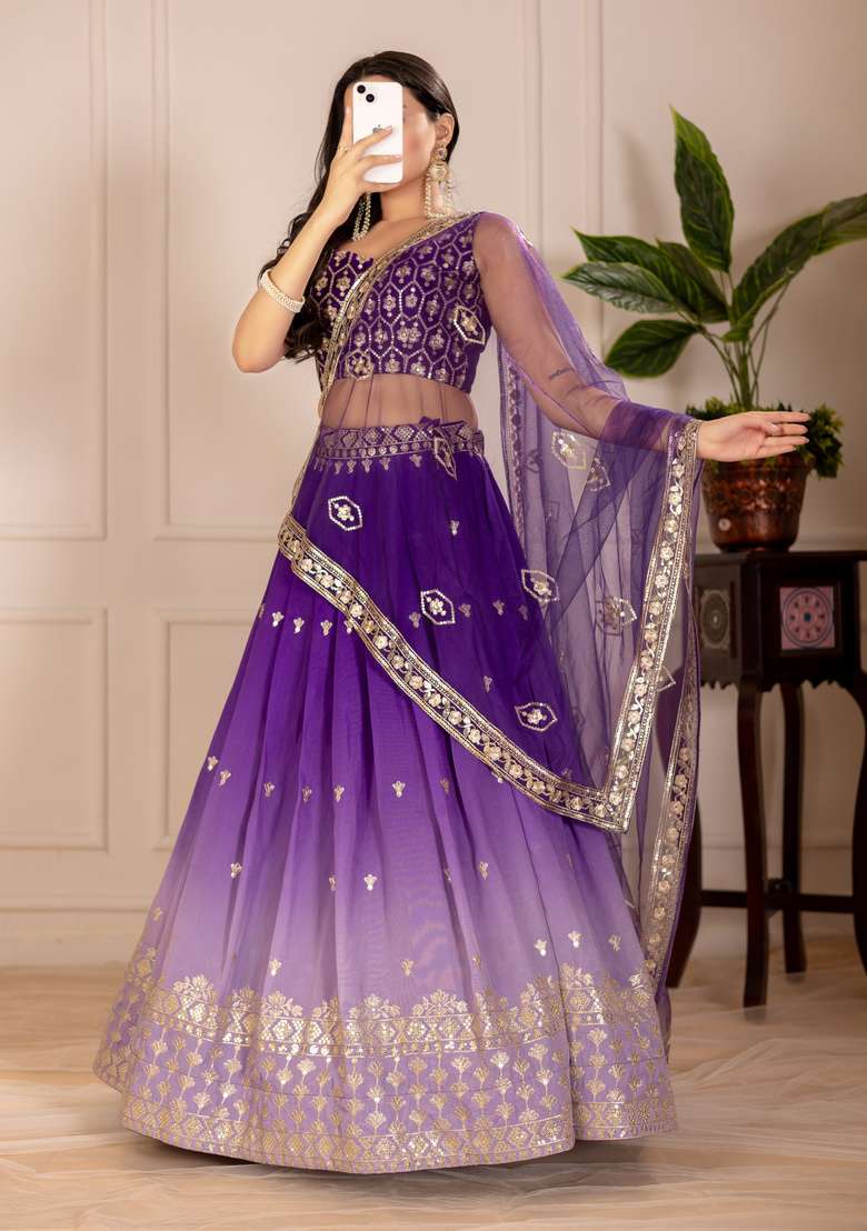 Purple Embroidered Silk Lehenga Set for Diwali and Festive Wear - Indya