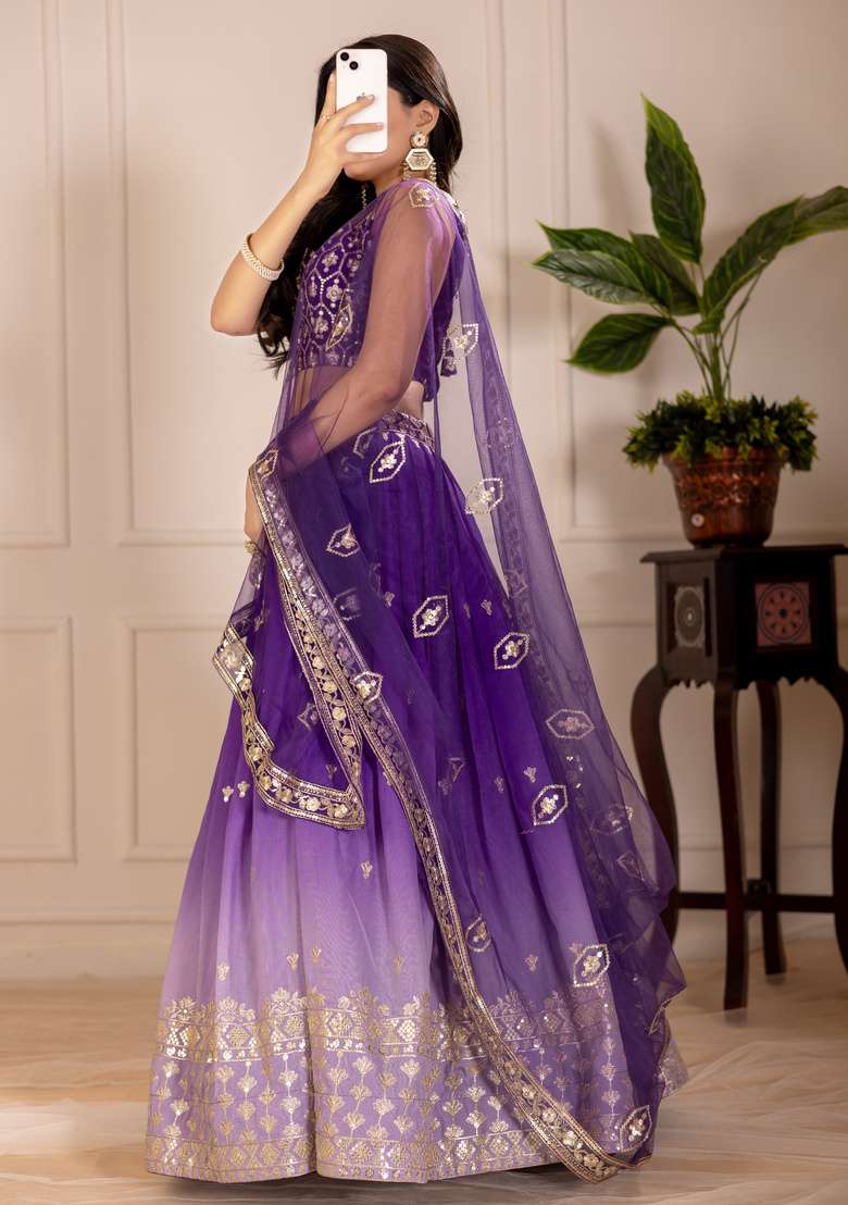 Purple Embroidered Silk Lehenga Set - Indya
