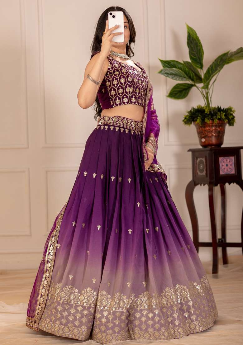 Wine Embroidered Silk Lehenga Set for Diwali and Festive Wear - Indya
