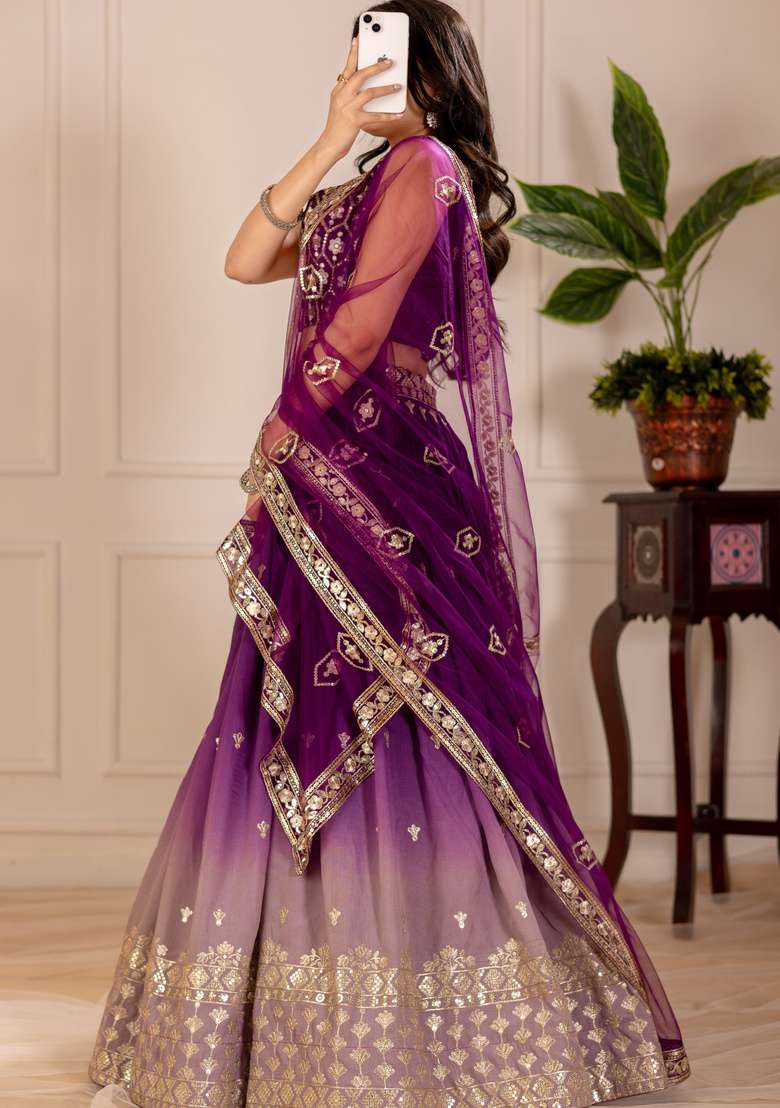 Wine Embroidered Silk Lehenga Set - Indya