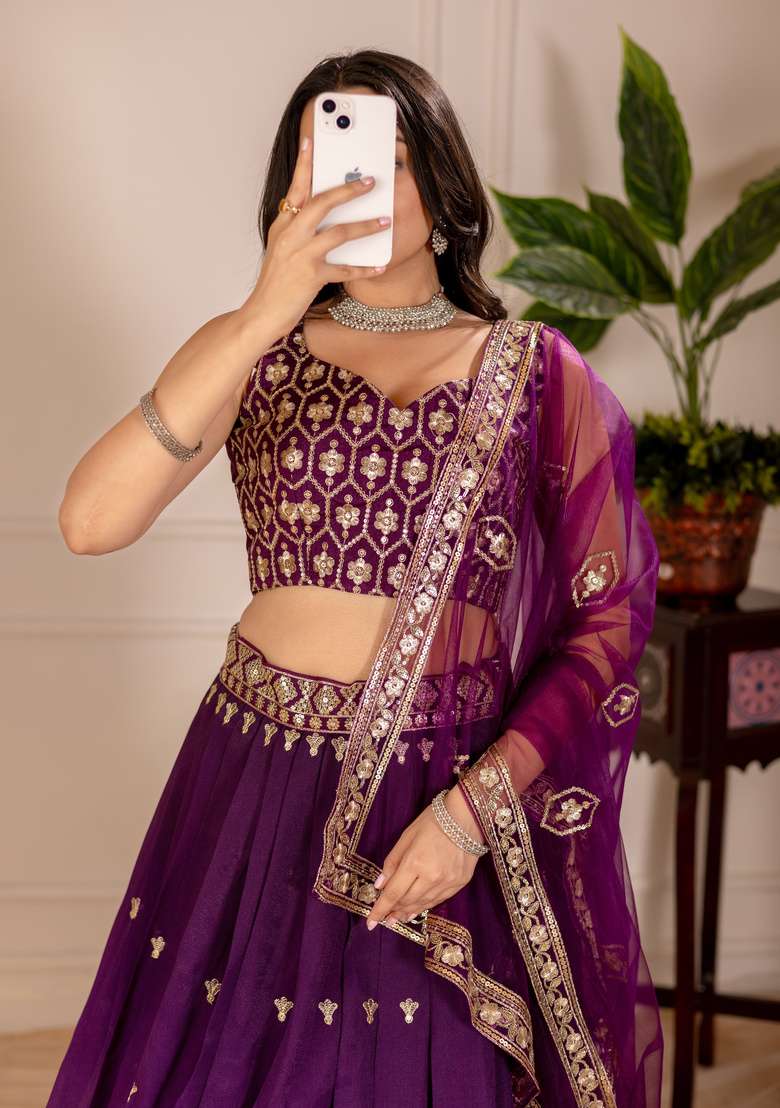 Wine Embroidered Silk Lehenga Set for Diwali and Festive Wear - Indya