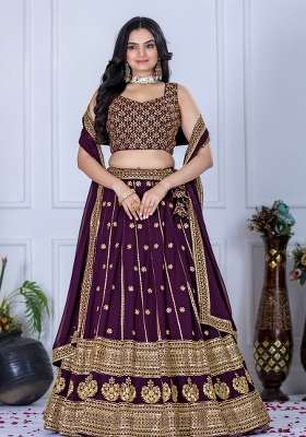 Wine Georgette Lehenga Set with Embroidered for Diwali | Wedding & Festive Wear