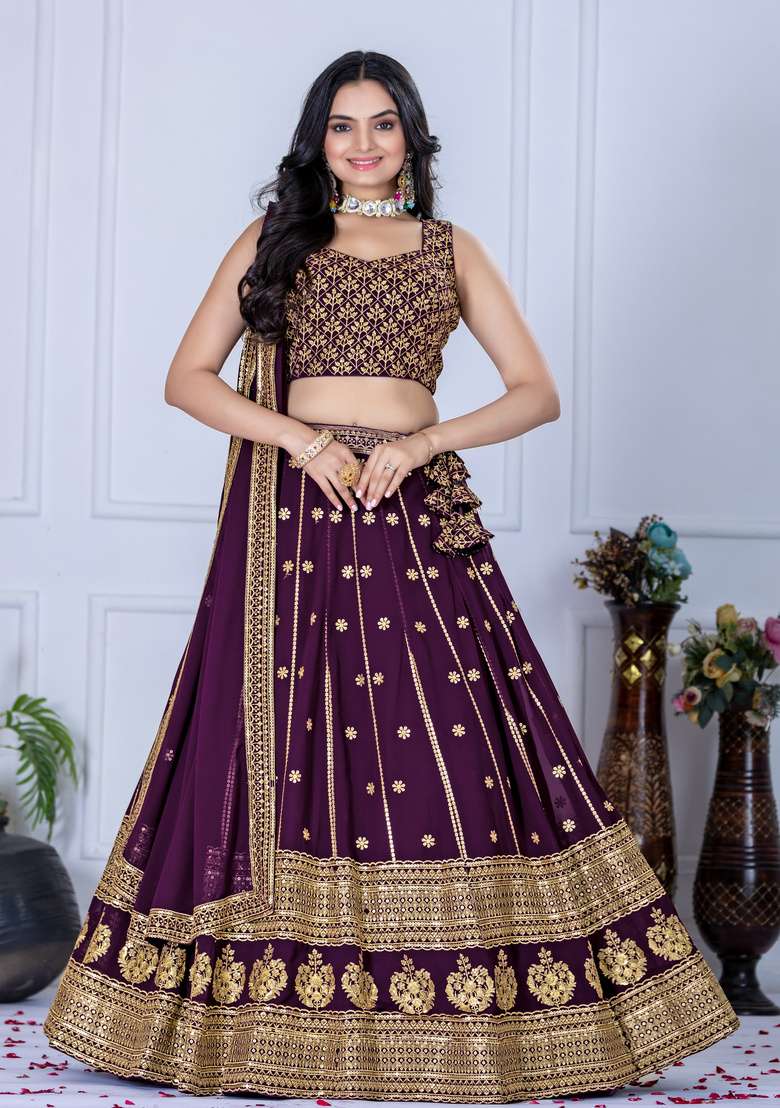 Wine Embroidered Georgette Lehenga Set - Indya