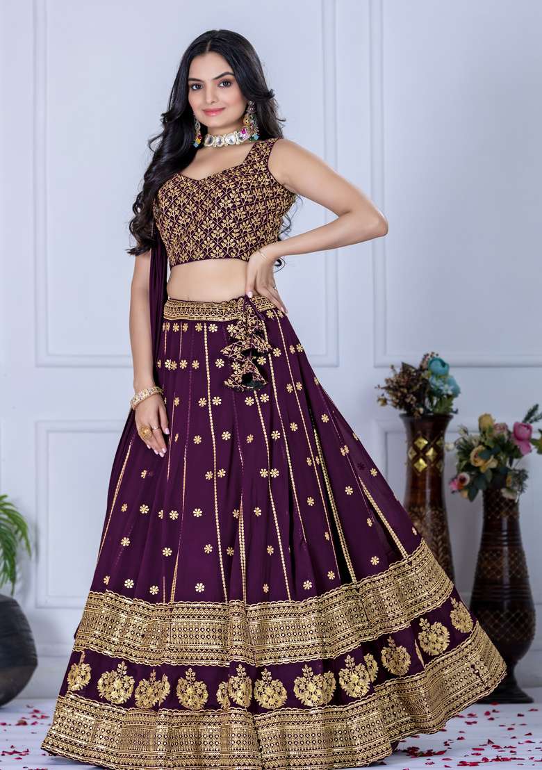 Wine Embroidered Georgette Lehenga Set - Indya